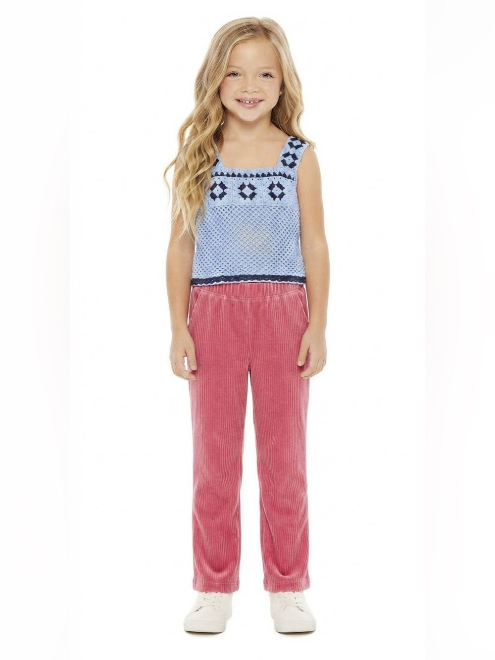 Btween Girls Crochet Tank Top & Corduroy Pants Set Blue Pink Size 6 10 Bundle